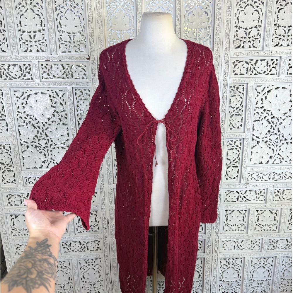 Vtg Red Open Knit Y2K Boho Bell Sleeve Cardigan Womens XL Hippie Coquette Retro
